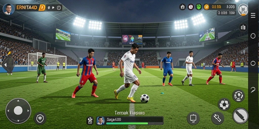 Tampilan gameplay pertandingan sepak bola yang seru dan kompetitif.