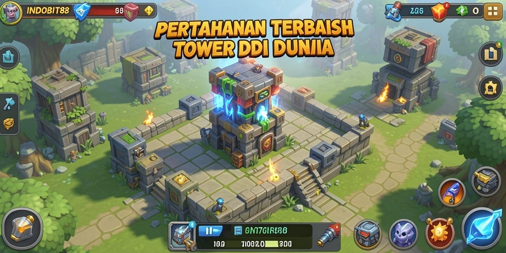 Screenshot gameplay seru di INDOBIT88, menampilkan benteng yang kokoh dan menara strategis.