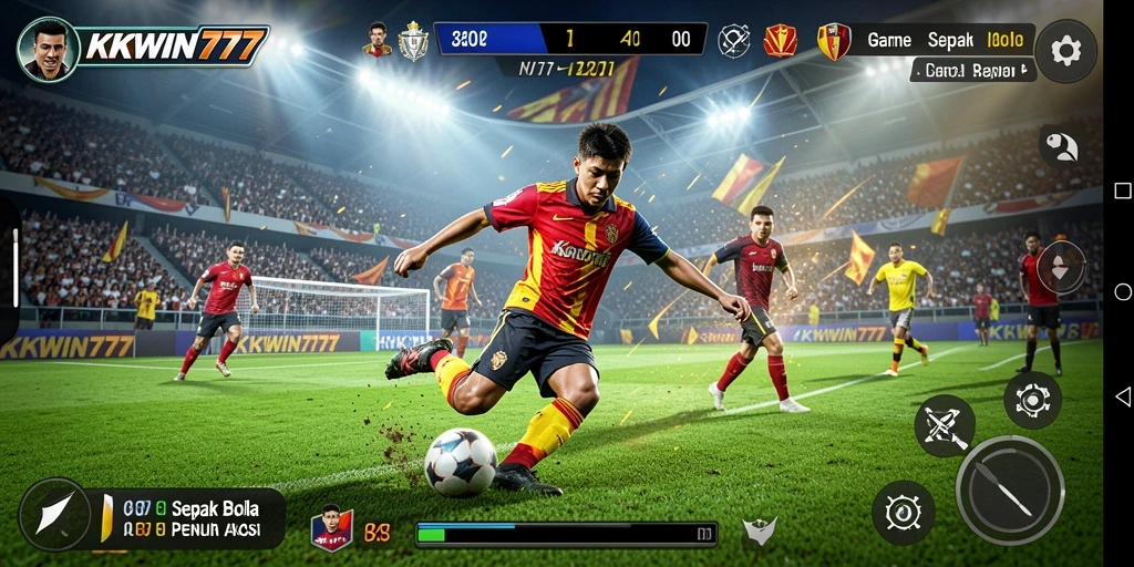 Screenshot KKWIN777 menampilkan aksi seru di lapangan sepak bola.