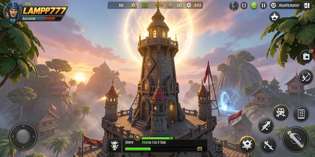 Tampilan gameplay menegangkan di LAMPU777 dengan menara yang siap bertahan.