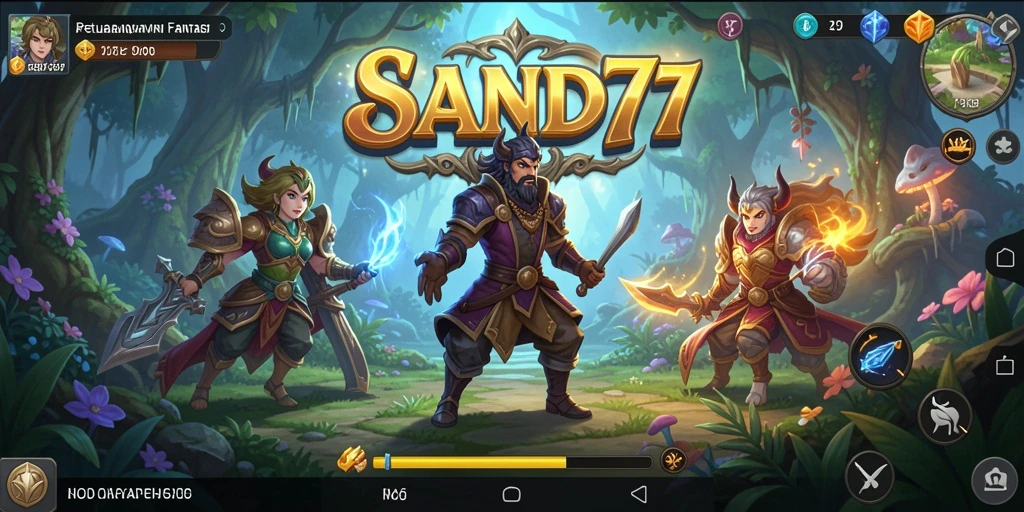 Gameplay SAND77 dengan karakter yang beraksi di dunia fantasi.