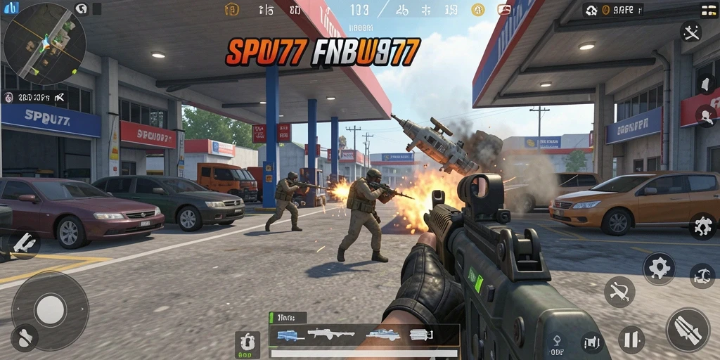 Tampilan pertempuran intens dalam gameplay SPBU77.