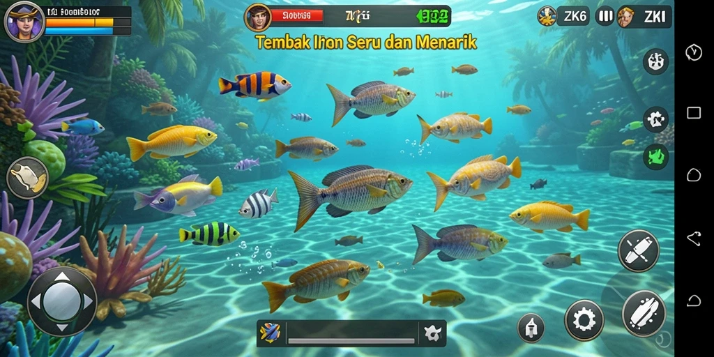 Tampilan gameplay ZK6 saat menembak ikan dengan efek visual yang menarik.